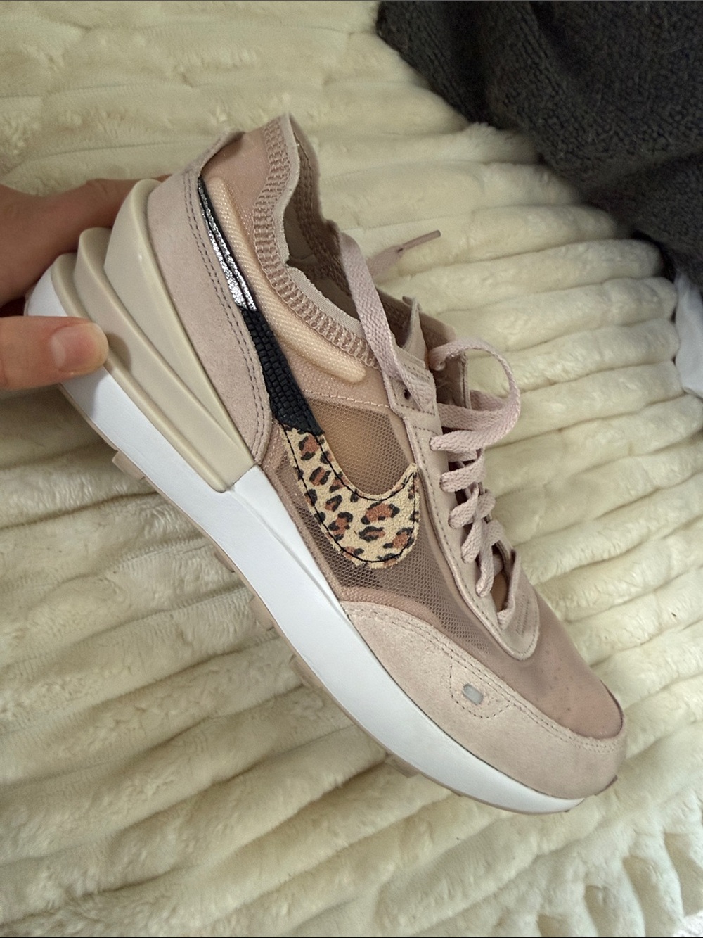 Nike Women's Light Pink Sneakers with Leopard Swoosh Accent